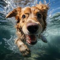 Cute golden retriever dog swimming underwater and looking at camera. AI Generative photo