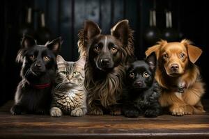 grupo de perros y gato en un estudio en un negro antecedentes. ai generativo foto