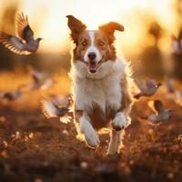 Red border collie runs through the field with flying birds at sunset. AI Generative photo