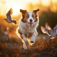 Red border collie runs through the field with flying birds at sunset. AI Generative photo