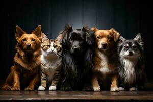 grupo de perros y gato en un estudio en un negro antecedentes. ai generativo foto