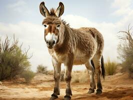 retrato de un Burro en un gris antecedentes. de cerca. ai generativo foto