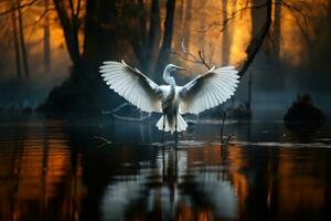 Great White stork in the foggy mystic forest, on the lake. a large stork with spread its wings. AI Generative photo