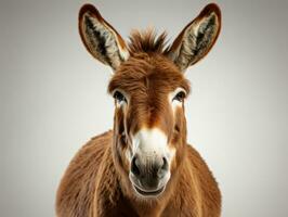 retrato de un Burro en un gris antecedentes. de cerca. ai generativo foto