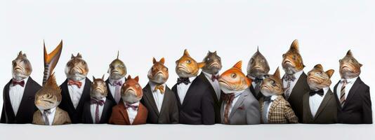 Group of business people with heads in the form of a fish.  AI Generative photo