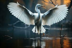 genial blanco pelícano pelecano onocrotalus en el brumoso místico bosque, en el lago. un grande pelícano con untado sus alas. ai generativo foto