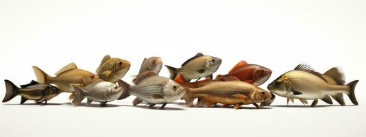 Group of fish isolated on a white background. 3d render. AI Generative photo