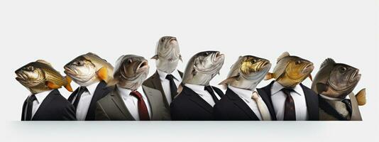 Group of business people with heads in the form of a fish.  AI Generative photo