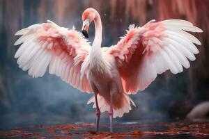 Pink flamingo with spread wings in the misty forest. 3D illustration. Wildlife scene from nature. AI Generative photo