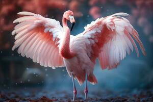 Pink flamingo with spread wings in the misty forest. 3D illustration. Wildlife scene from nature. AI Generative photo