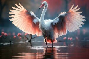 Pink flamingo with spread wings in the misty forest. 3D illustration. Wildlife scene from nature. AI Generative photo