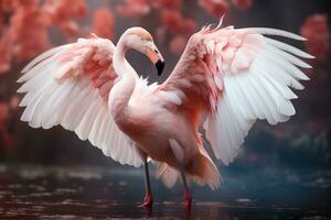 Pink flamingo with spread wings in the misty forest. 3D illustration. Wildlife scene from nature. AI Generative photo