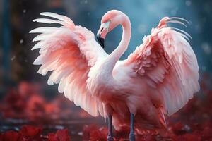 Pink flamingo with spread wings in the misty forest. 3D illustration. Wildlife scene from nature. AI Generative photo