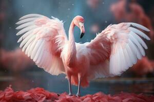 Pink flamingo with spread wings in the misty forest. 3D illustration. Wildlife scene from nature. AI Generative photo