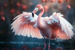 Pink flamingo with spread wings in the misty forest. 3D illustration. Wildlife scene from nature. AI Generative photo