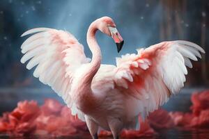 Pink flamingo with spread wings in the misty forest. 3D illustration. Wildlife scene from nature. AI Generative photo