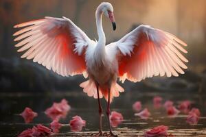 Pink flamingo with spread wings in the misty forest. 3D illustration. Wildlife scene from nature. AI Generative photo