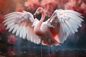 Pink flamingo with spread wings in the misty forest. 3D illustration. Wildlife scene from nature. AI Generative photo