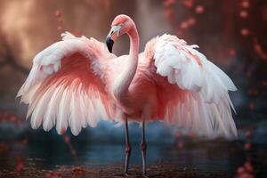 Pink flamingo with spread wings in the misty forest. 3D illustration. Wildlife scene from nature. AI Generative photo