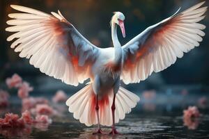 Pink flamingo with spread wings in the misty forest. 3D illustration. Wildlife scene from nature. AI Generative photo