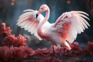 Pink flamingo with spread wings in the misty forest. 3D illustration. Wildlife scene from nature. AI Generative photo