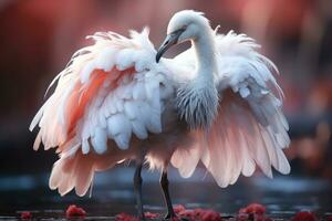 Pink flamingo with spread wings in the misty forest. 3D illustration. Wildlife scene from nature. AI Generative photo