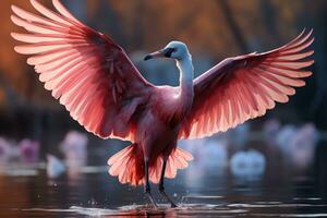 Pink flamingo with spread wings in the misty forest. 3D illustration. Wildlife scene from nature. AI Generative photo