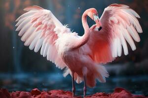 Pink flamingo with spread wings in the misty forest. 3D illustration. Wildlife scene from nature. AI Generative photo