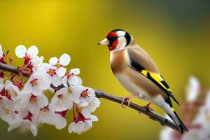 jilguero carduelis carduelis en un floración rama. hermosa pájaro en un rama de Cereza flores en un amarillo antecedentes ai generativo foto