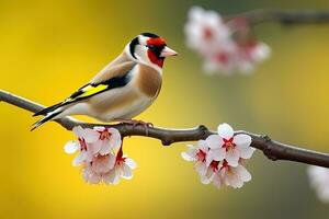 jilguero carduelis carduelis en un floración rama. hermosa pájaro en un rama de Cereza flores en un amarillo antecedentes ai generativo foto