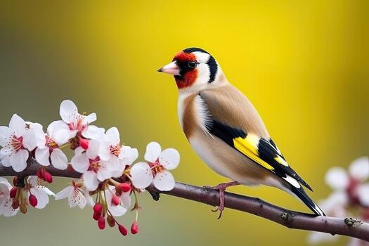 Goldfinch Carduelis carduelis on a flowering branch. Beautiful bird on a branch of cherry blossoms on a yellow background AI Generative photo