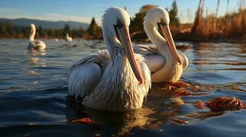 A white pelican on the shore of a lake in the summer AI Generative photo
