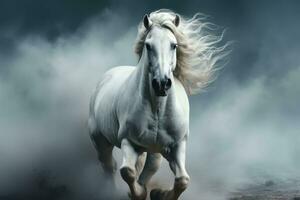 White Arabian horse galloping in dust and smoke on dark background, side view AI Generative photo