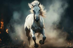 White Arabian horse galloping in dust and smoke on dark background, side view AI Generative photo