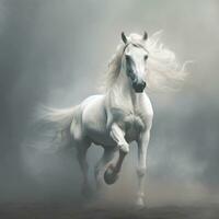 White Arabian horse galloping in dust and smoke on dark background, side view AI Generative photo