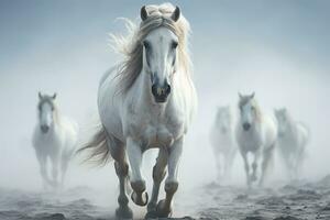 White Arabian horse galloping in dust and smoke on dark background, side view AI Generative photo