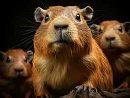 Group of adorable guinea pig on black background. Studio shot. AI Generative photo