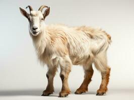 Young white goat standing on gray background. Studio shot. Full length. AI Generative photo