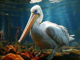 Pelican in the aquarium. Animal in the aquarium. Underwater. AI Generative photo