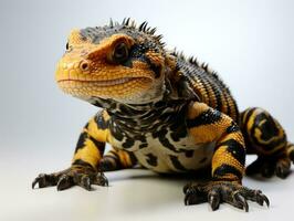 Close up of a yellow and black lizard isolated on white background. AI Generative photo