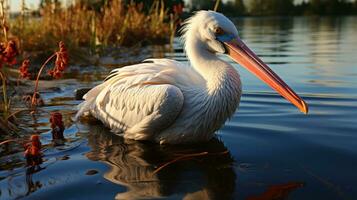 A white pelican on the shore of a lake in the summer AI Generative photo