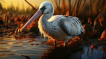 A white pelican on the shore of a lake in the summer AI Generative photo
