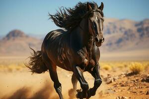 negro árabe caballo semental corriendo en el desierto. ai generativo foto