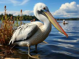 A white pelican on the shore of a lake in the summer AI Generative photo