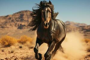 negro árabe caballo semental corriendo en el desierto. ai generativo foto