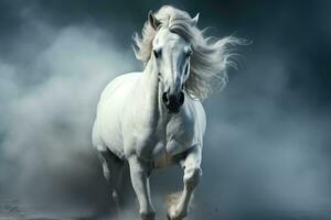 White Arabian horse galloping in dust and smoke on dark forest, side view. AI Generative photo