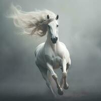 White Arabian horse galloping in dust and smoke on dark forest, side view. AI Generative photo