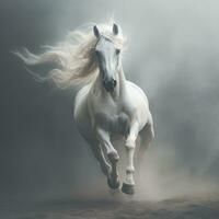 White Arabian horse galloping in dust and smoke on dark forest, side view. AI Generative photo