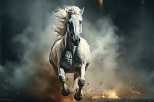 White Arabian horse galloping in dust and smoke on dark forest, side view. AI Generative photo