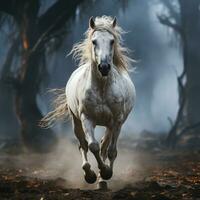 White Arabian horse galloping in dust and smoke on dark forest, side view. AI Generative photo